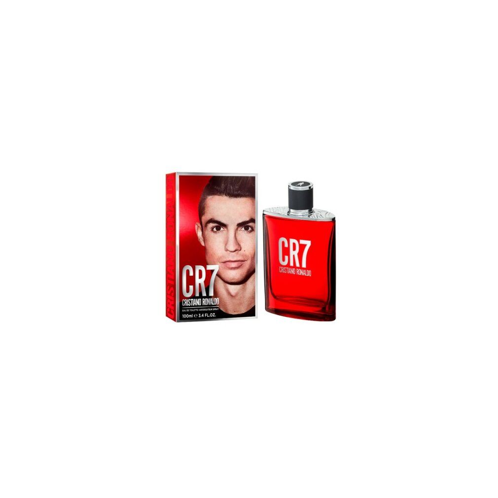 CR7 Eau de Toilette Spray. Roter Flakon und Verpackung. Auf der Verpackung ist Cristiano Ronaldo abgebildet.