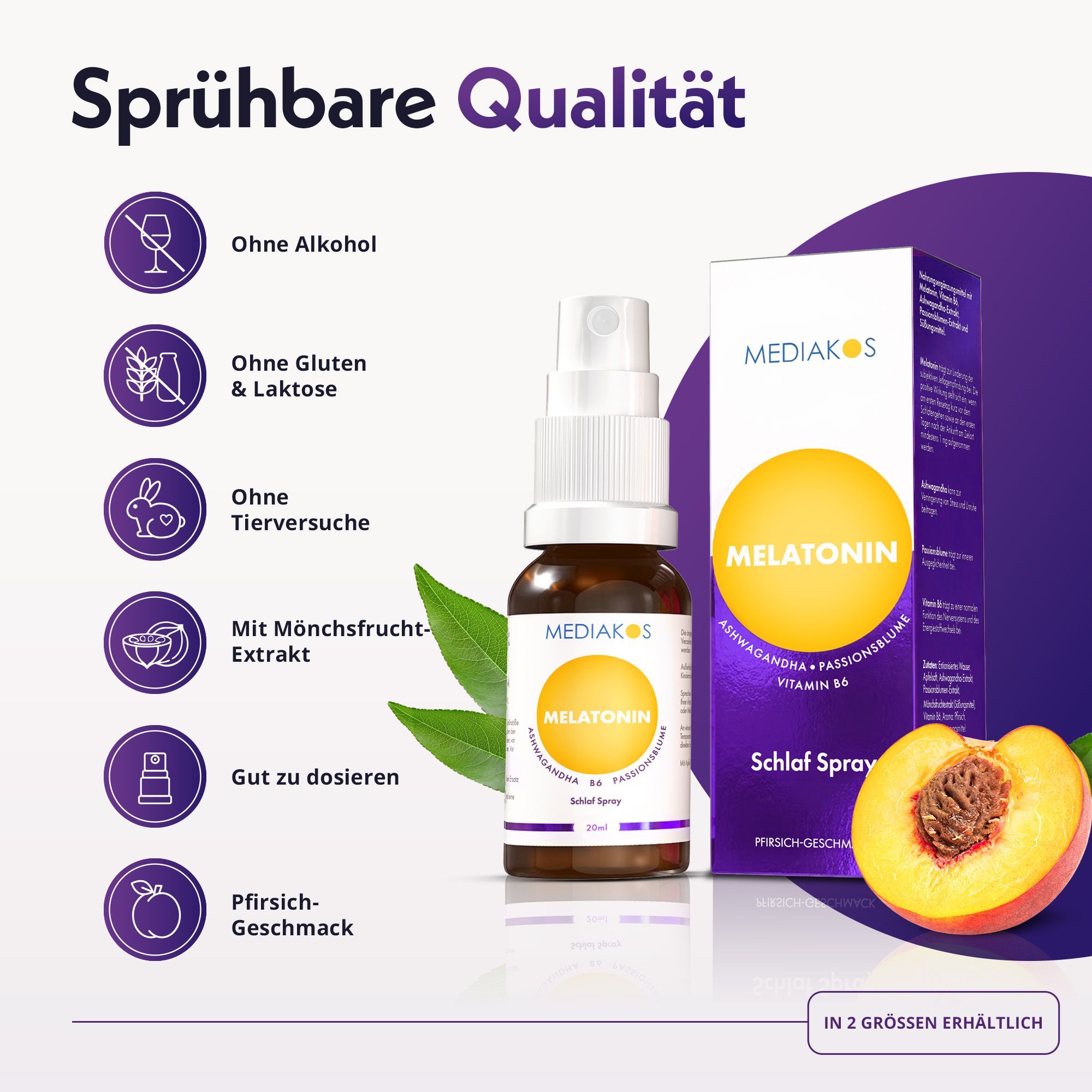 Mediakos Melatonin Schlaf Spray: Ohne Alkohol, Gluten, Laktose. Mit Pfirsichgeschmack.