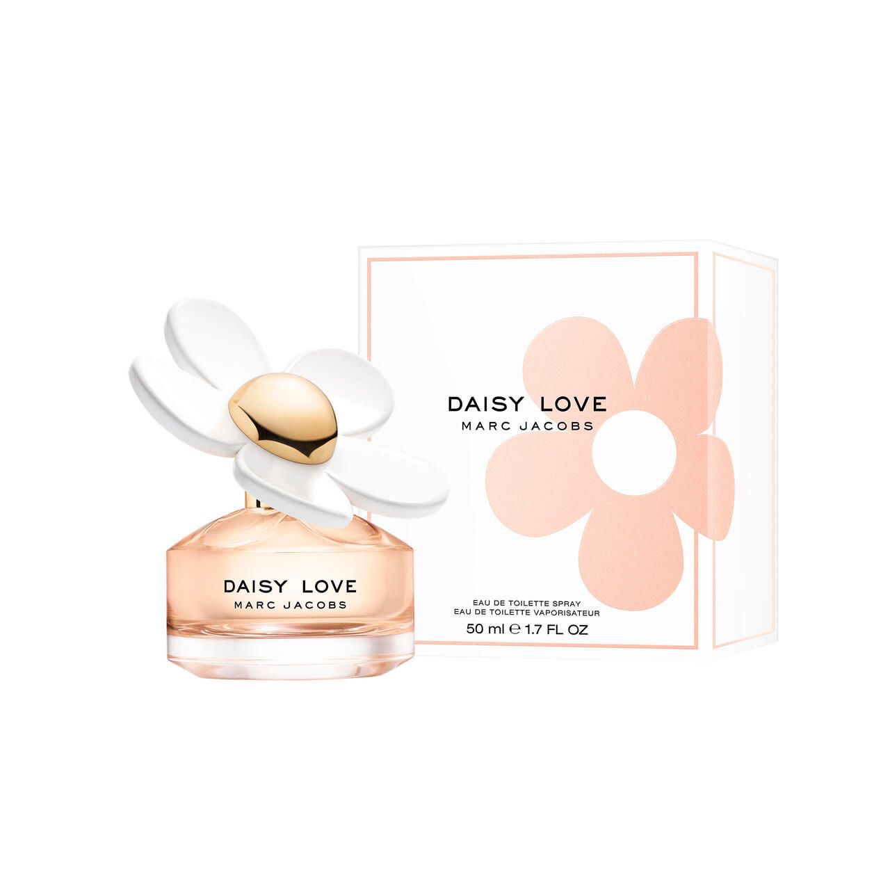 Parfümflakon mit Verpackung. Flakon mit weißer Blüte. Verpackung mit Aufschrift Daisy Love.