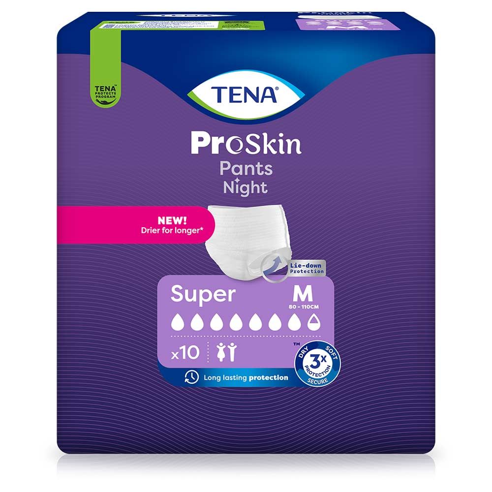 Verpackung von TENA ProSkin Pants Night Super M. Enthält 10 Stück. Größe M. Mit Saugstärke-Indikator.
