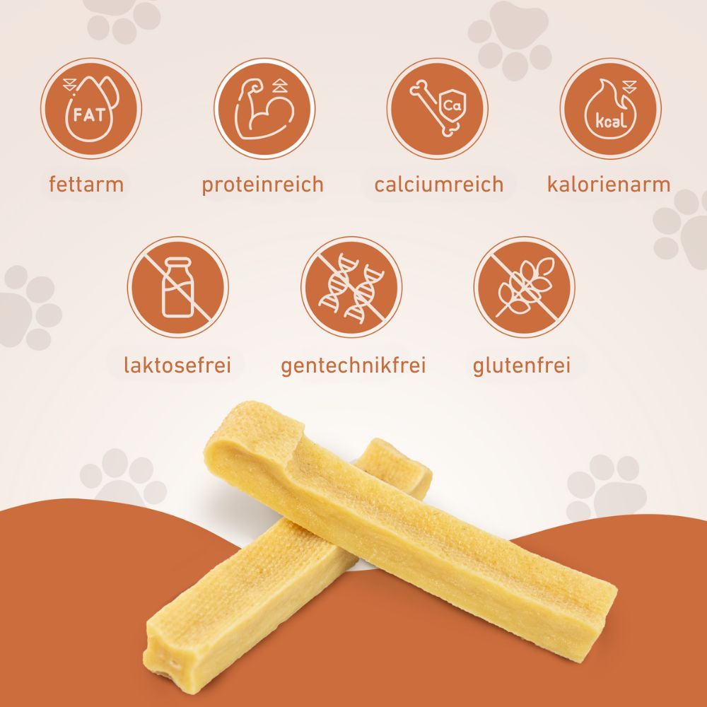 Produktverpackung mit Yak-Käse-Kausnacks. Aufschrift: Wildfang, Hartkäse, Kausnack, Bunky. Mehrere Kausnacks liegen daneben.
