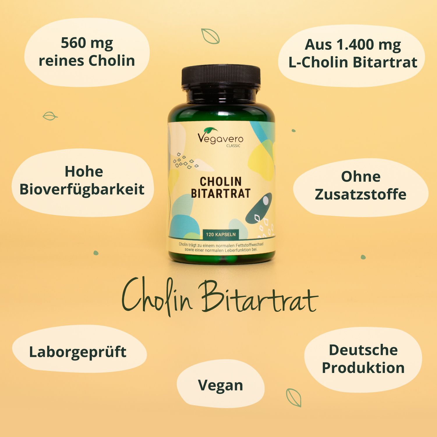 Flasche mit Cholin Bitartrat. Aufschrift: 120 Kapseln. 560 mg reines Cholin. Ohne Zusatzstoffe. Vegan. Deutsche Produktion.