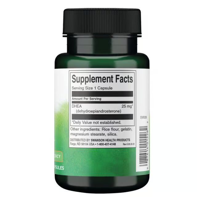 Rückseite einer grünen Flasche mit schwarzen Deckel. Aufschrift: Supplement Facts, DHEA 25 mg, 120 Kapseln.