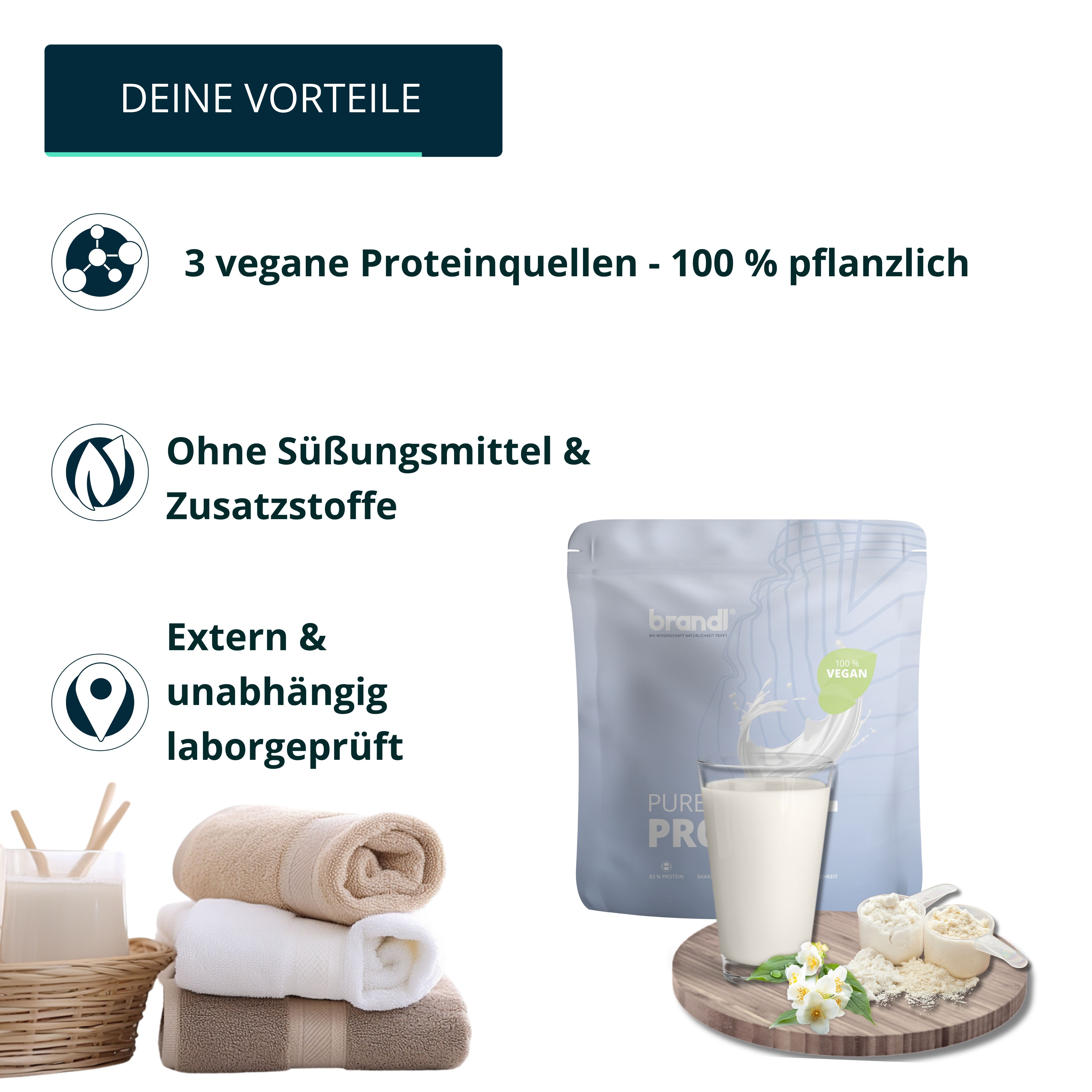 Beutel brandl® Pure Protein, 3 vegane Proteinquellen, 100% pflanzlich. Glas mit Proteinshake, Handtücher.