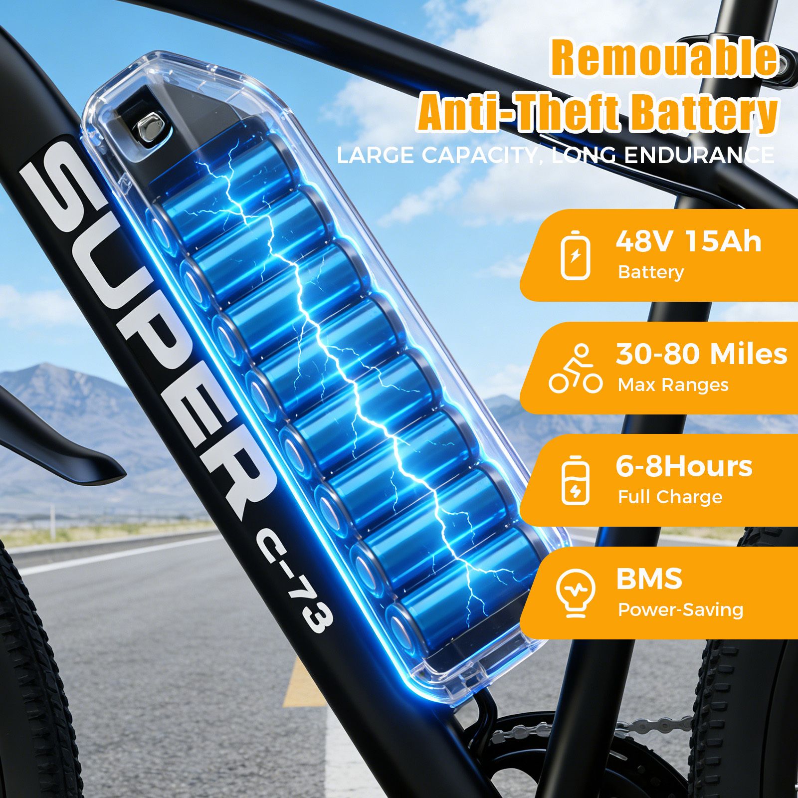 Nahaufnahme des Akkus eines E-Bikes. Text: 48V 15Ah Batterie, Reichweite 30-80 Meilen, Ladezeit 6-8 Stunden, BMS Power-Saving.