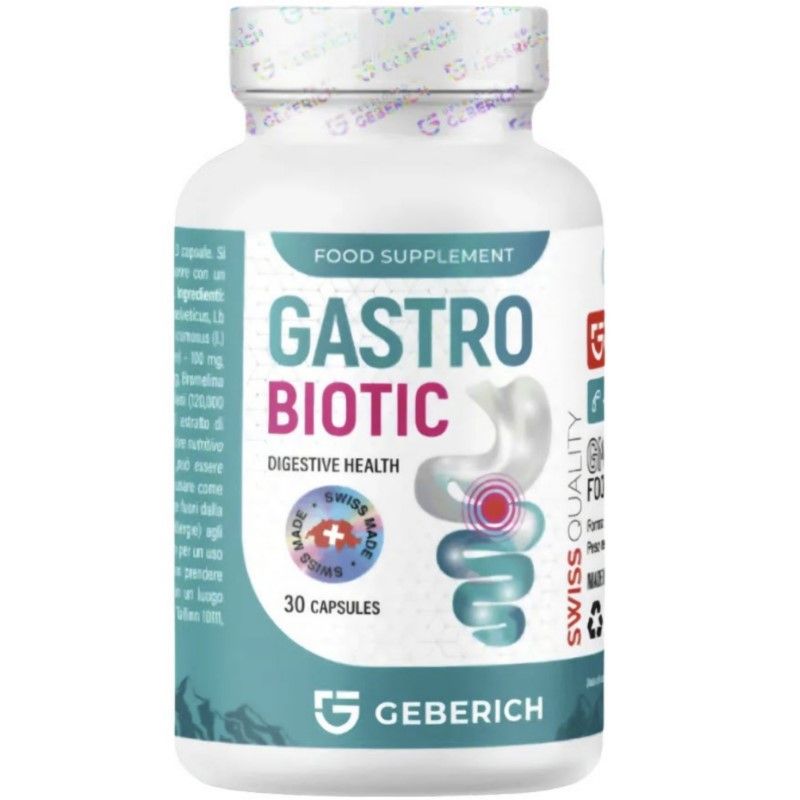 Weiße Flasche mit Kapseln. Aufschrift: GastroBiotic, Digestive Health, 30 Kapseln. Logo: Swiss Quality, Geberich.