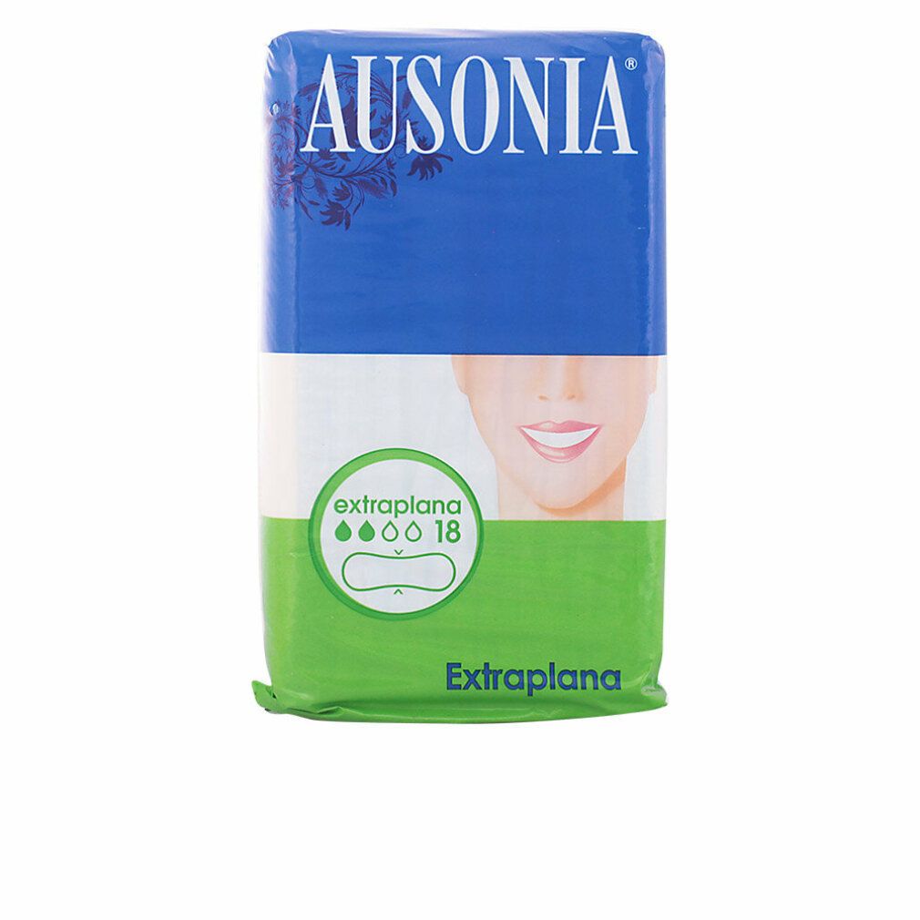 Verpackung mit Damenbinden. Marke Ausonia. Blau, weiß und grün. Aufdruck: Extraplana, 18 Stück. Abbildung eines Gesichts.