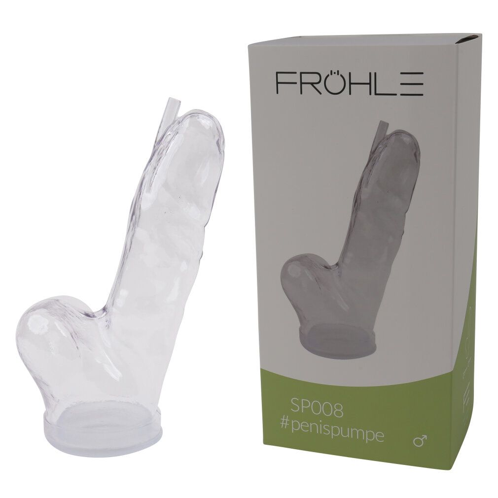 Glasklarer Zylinder neben Produktverpackung. Marke Fröhle, Modell SP008. #penispumpe.