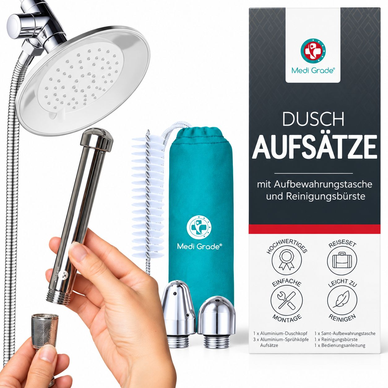 Duschkopf-Aufsatz-Set mit Aufbewahrungstasche und Reinigungsbürste.