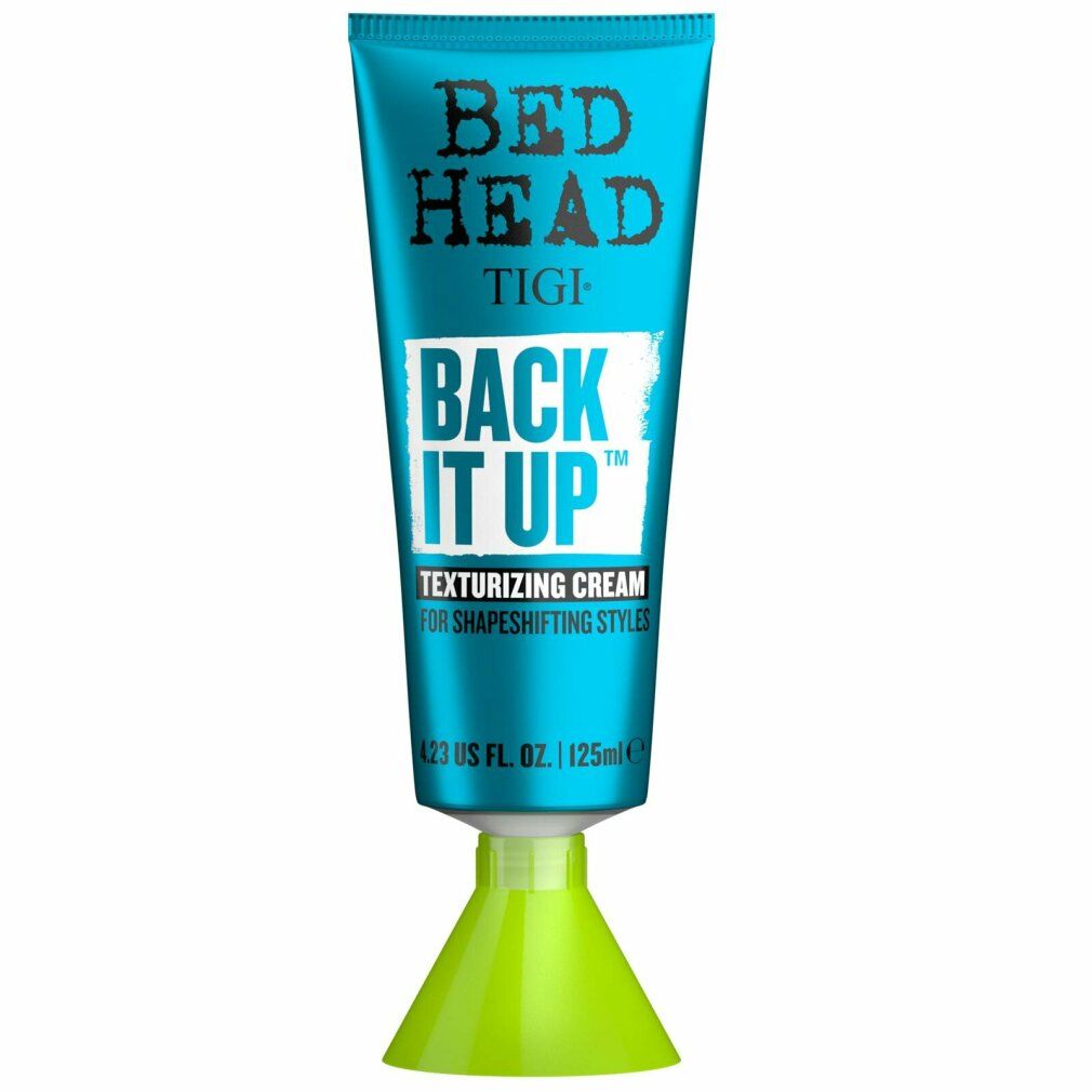 Türkisfarbene Tube mit gelbem Fuß. Aufschrift: Bed Head, TIGI, Back It Up Texturizing Cream. 125ml.