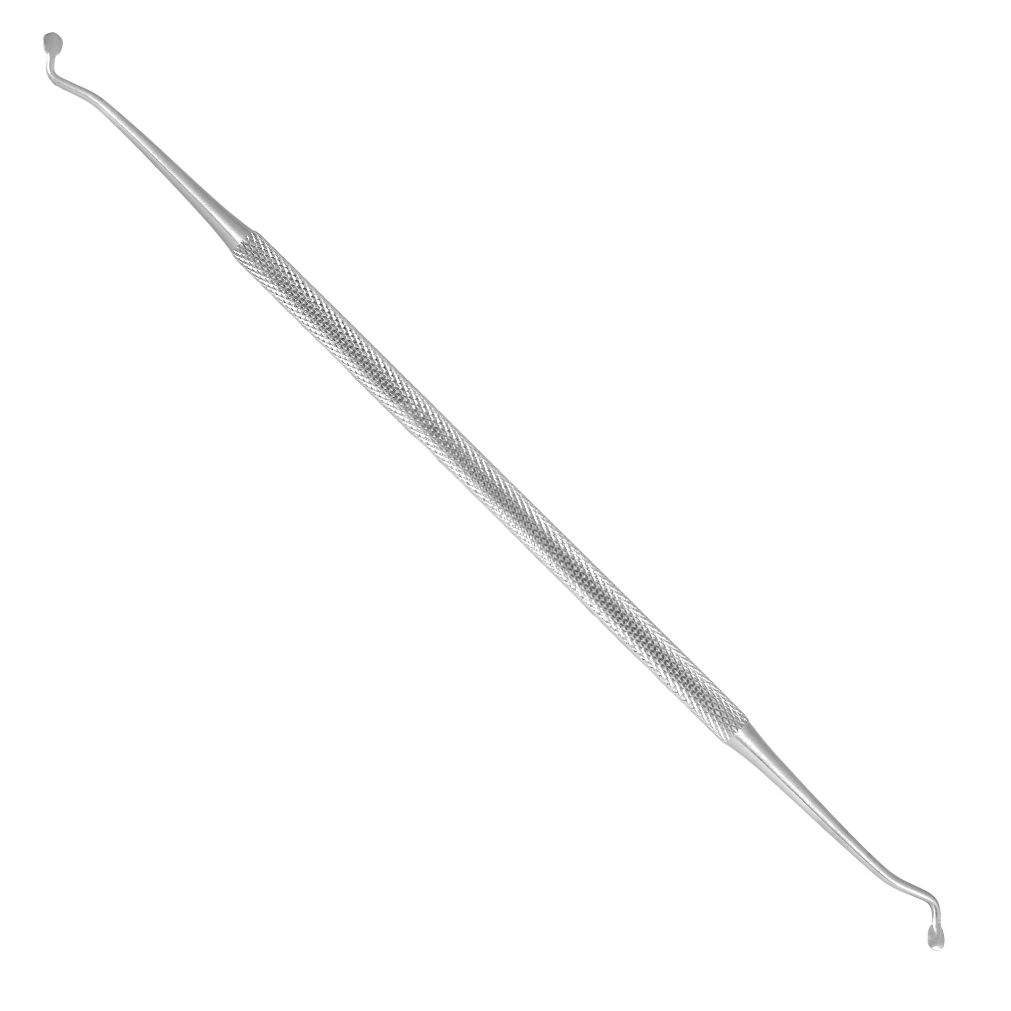 Edelstahl-Instrument mit gebogenen Enden. Gerändelter Griff. Für die Fußpflege.