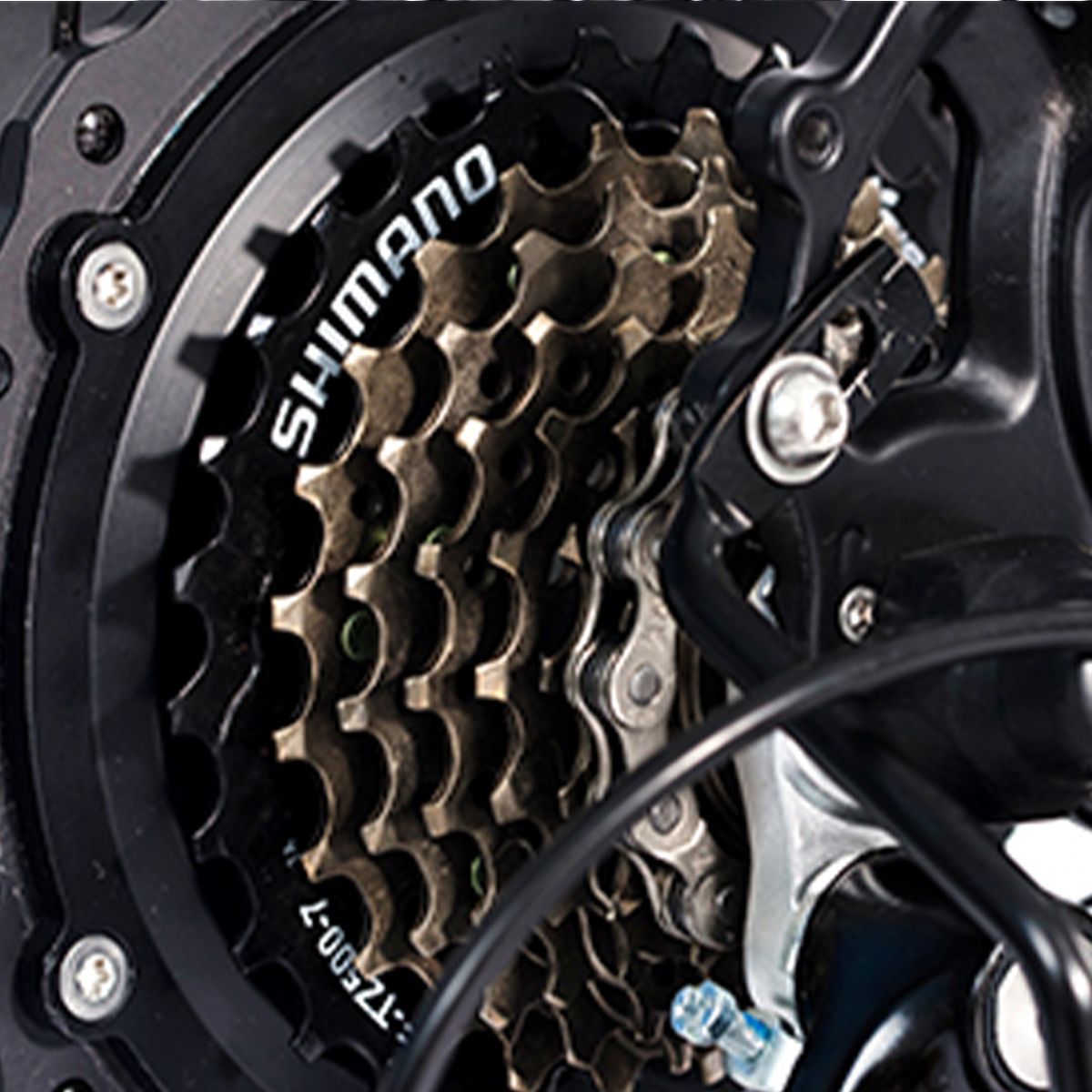 Nahaufnahme der Zahnräder. Schriftzug SHIMANO. Mehrere Zahnräder und Kette sichtbar.