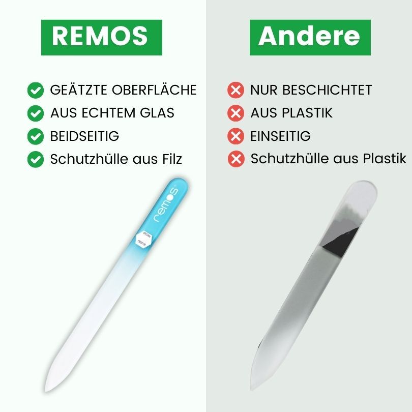 Vergleich: Glasnagelfeile mit geätzter Oberfläche, aus Echtglas, beidseitig, Schutzhülle aus Filz. Andere: Beschichtet, aus Plastik, einseitig, Plastikhülle.