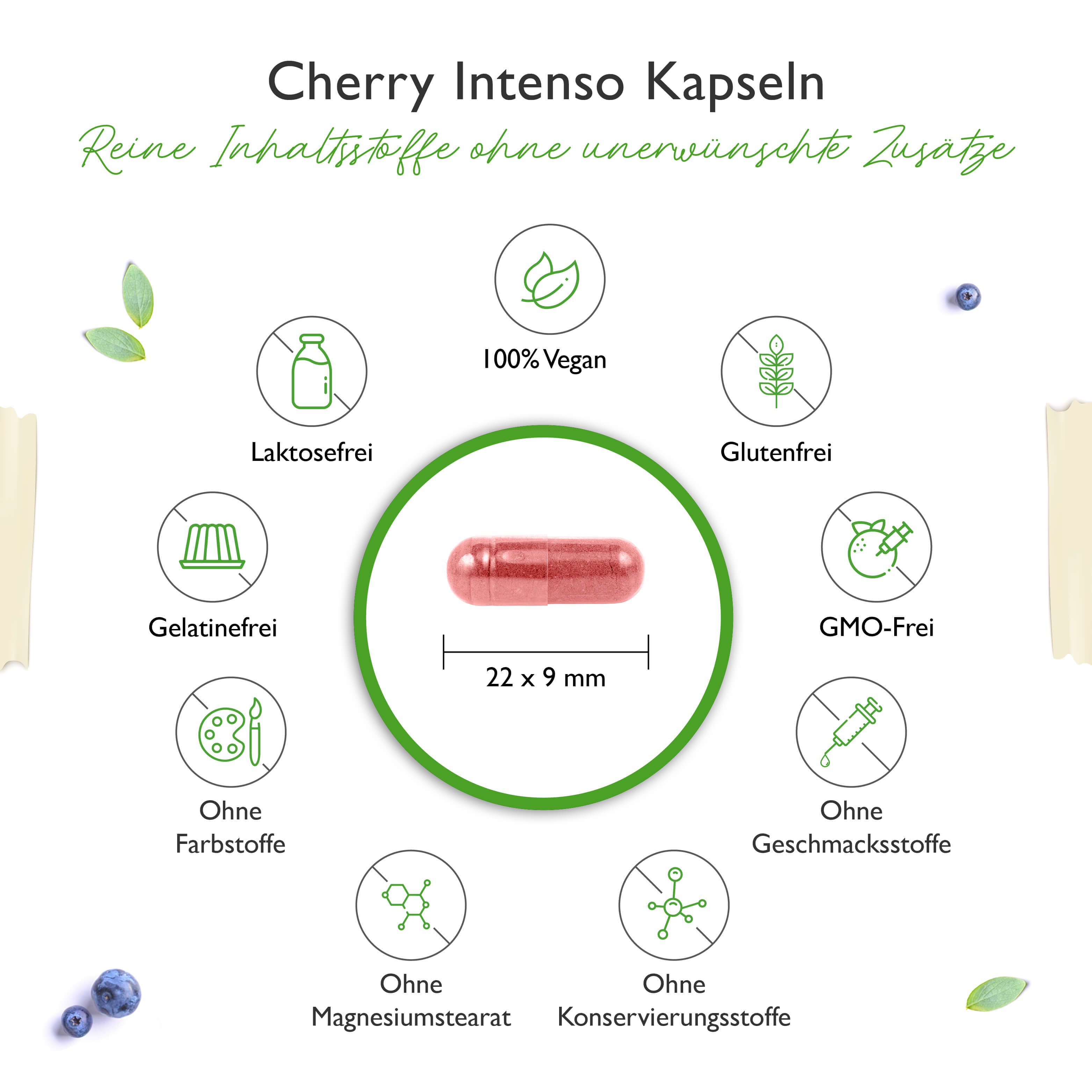 Kapsel, rot, 22x9 mm. Logos: 100% Vegan, Laktosefrei, Glutenfrei, Gelatinefrei, Ohne Farbstoffe, Ohne Geschmacksstoffe, GMO-Frei, Ohne Magnesiumstearat, Ohne Konservierungsstoffe.