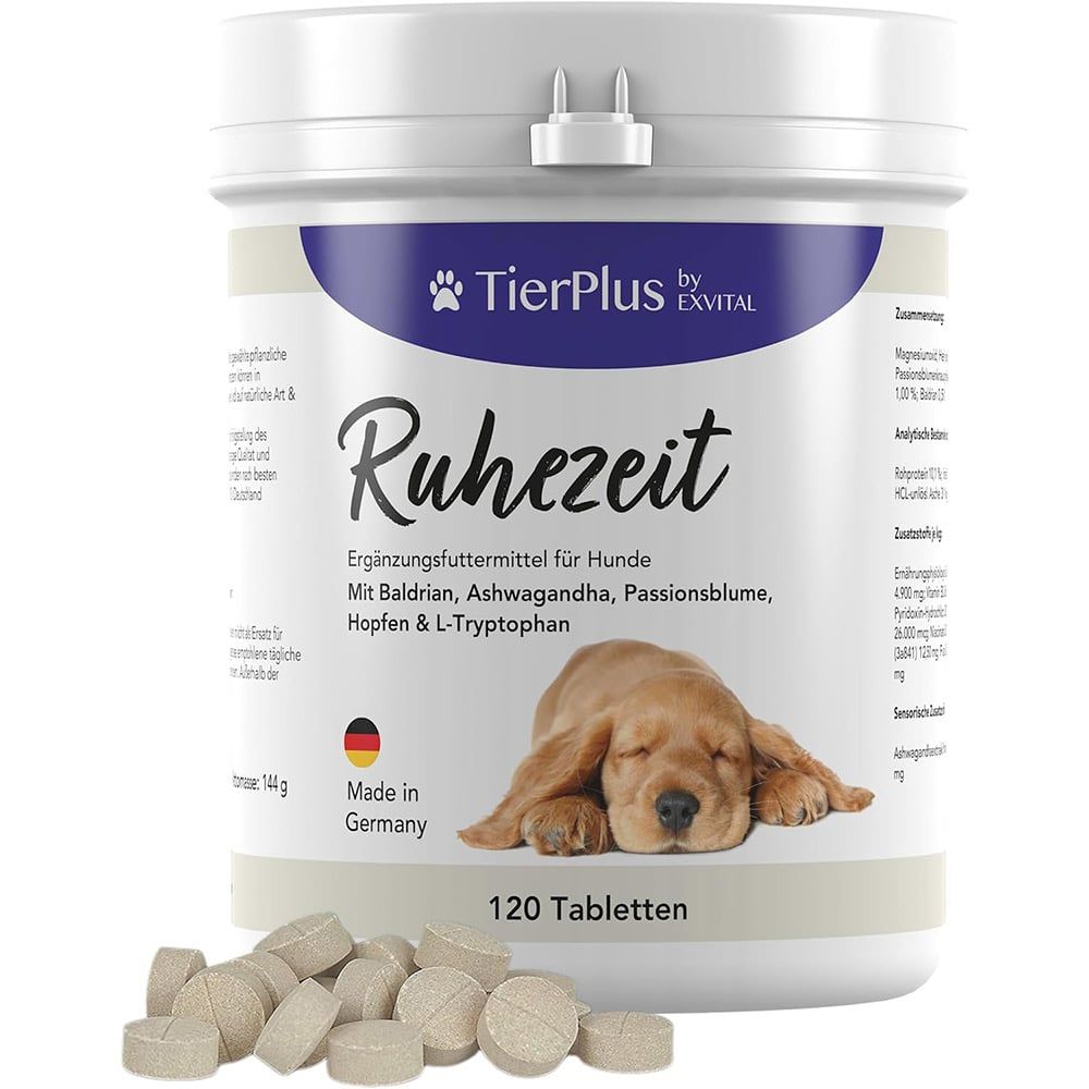 Weißer Behälter mit "Ruhezeit" Tabletten für Hunde. 120 Tabletten. Hund schläft. Made in Germany.