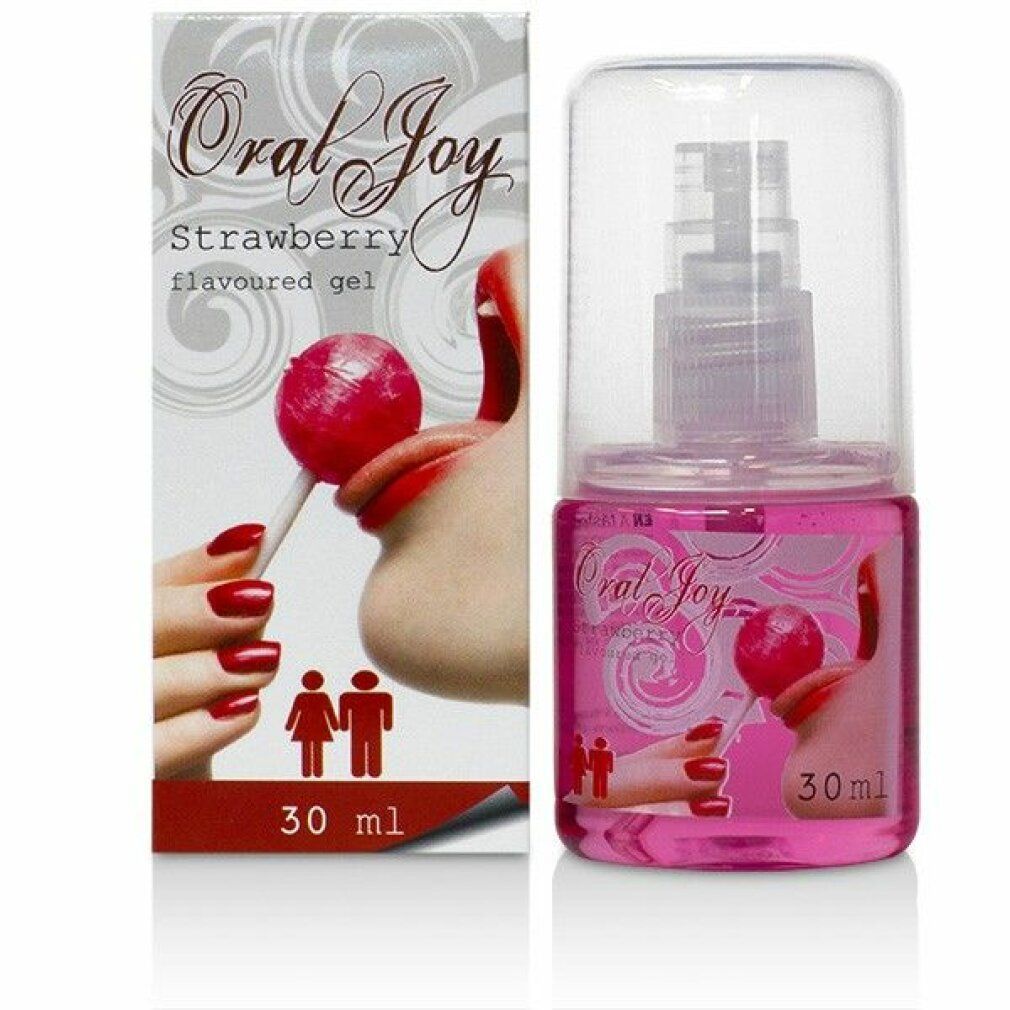 Oral Joy Erdbeer-Gel in 30ml Flasche mit Pumpspender, neben der Verpackung.