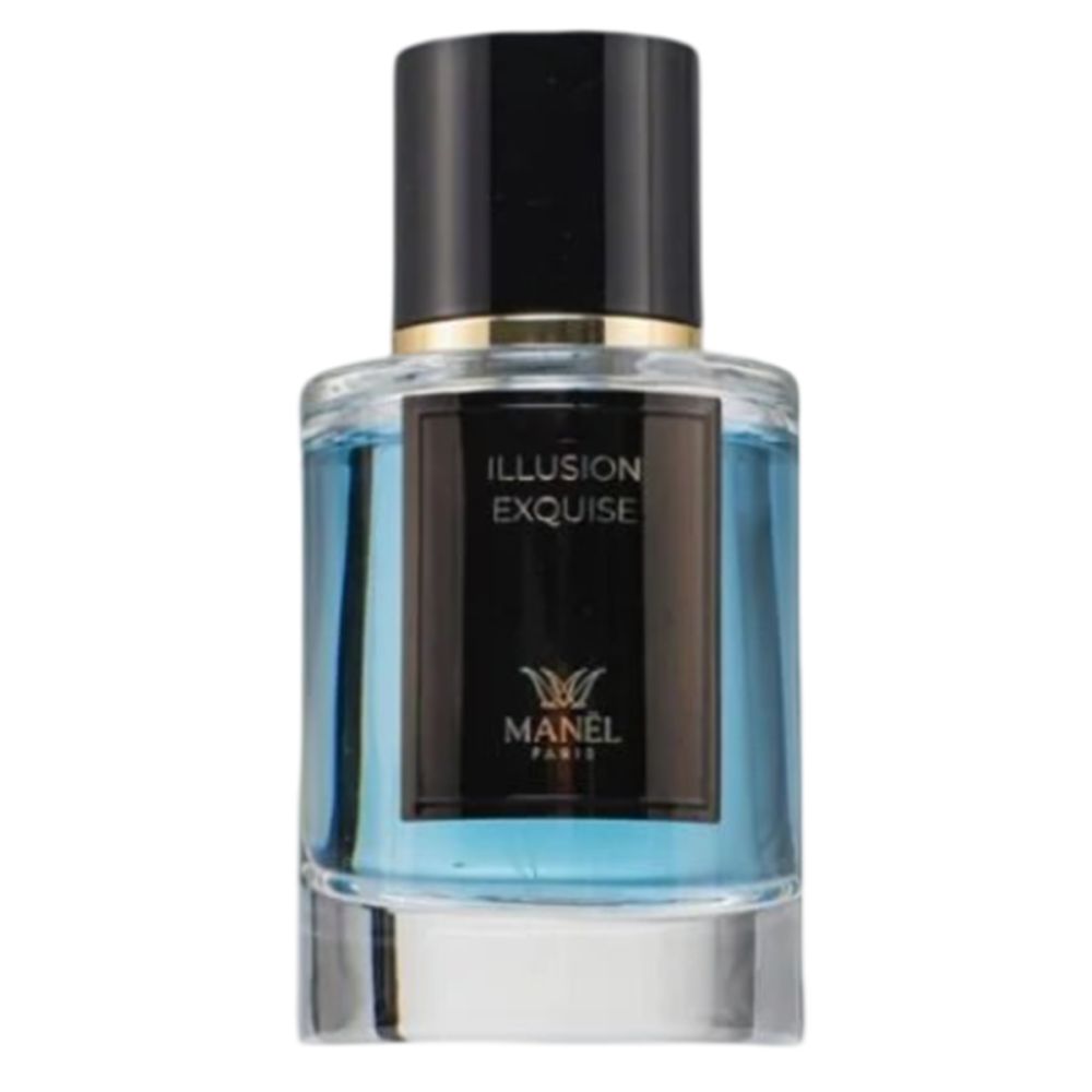 Glasflakon mit blauer Flüssigkeit und schwarzem Verschluss. Aufschrift "ILLUSION EXQUISE" und "MANEL PARIS".