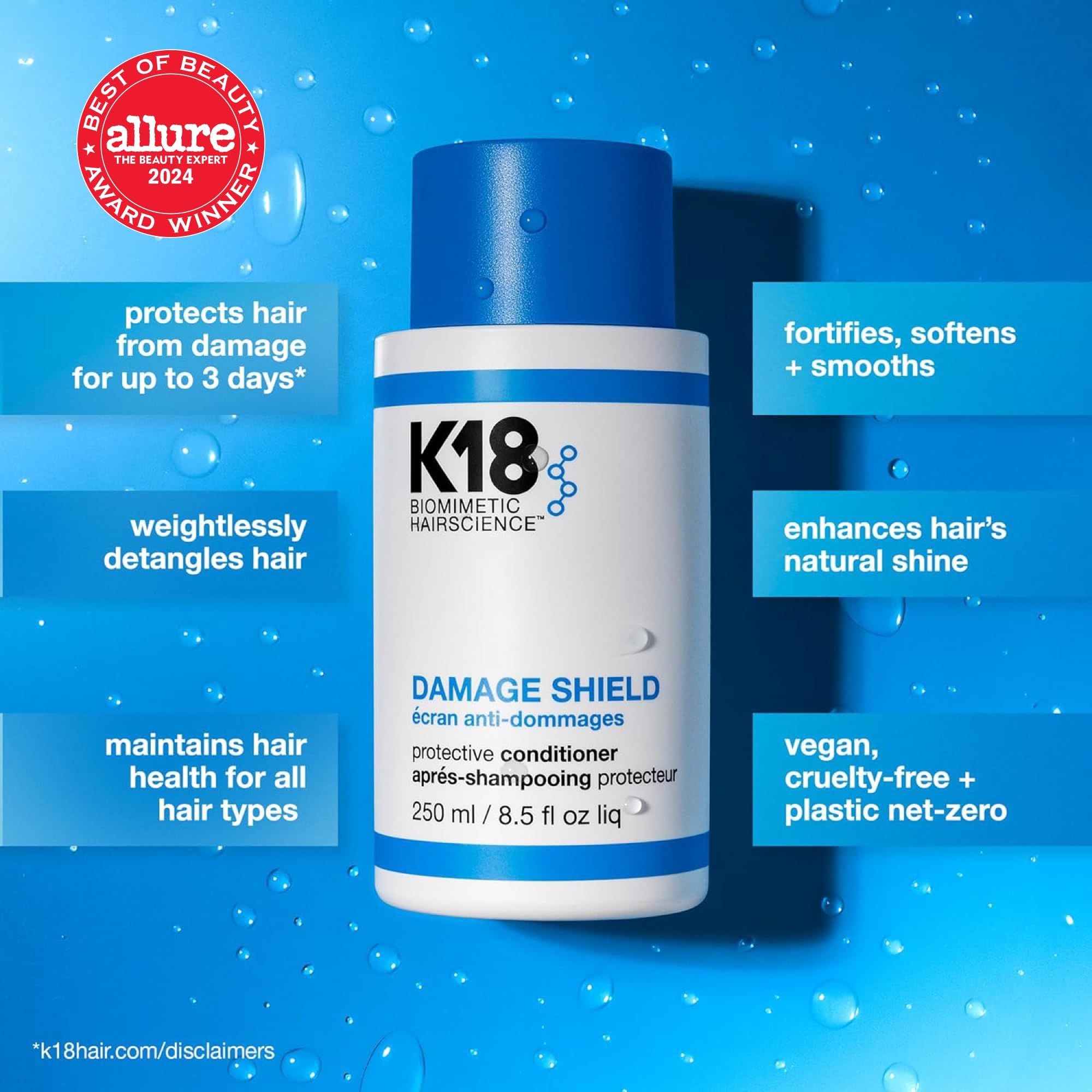Produktflasche mit Texten: K18, DAMAGE SHIELD, schützt vor Schäden, vegan, ohne Tierversuche, Allure-Auszeichnung.