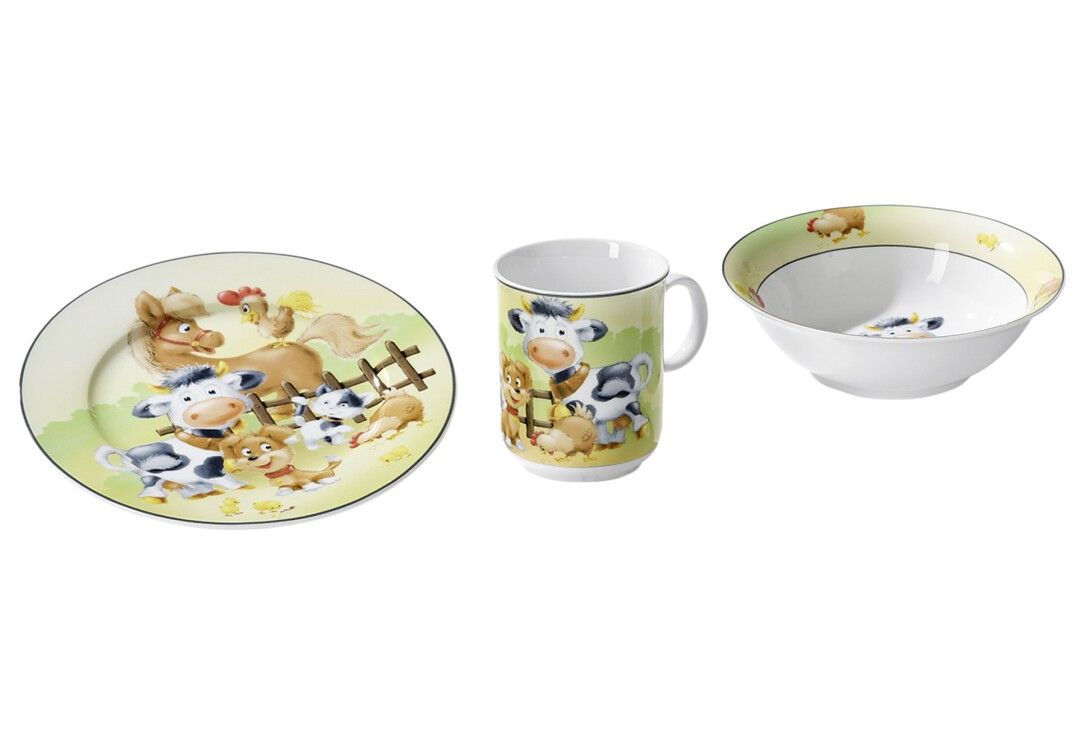 Kinderteller, Tasse und Schüssel mit Tiermotiven. Teller rund, Tasse mit Henkel, Schüssel rund. Alle mit Bauernhof-Design.