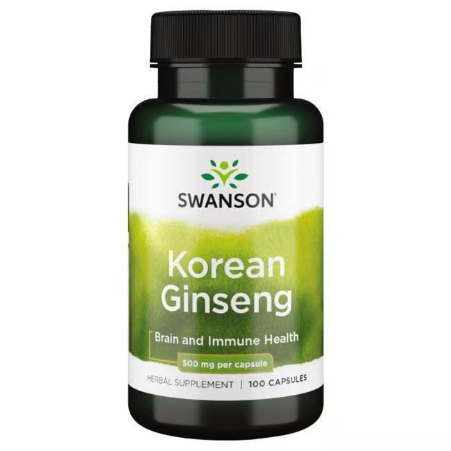 Grüne Flasche mit schwarzem Deckel. Aufschrift: SWANSON Koreanischer Ginseng, 500 mg pro Kapsel. 100 Kapseln.