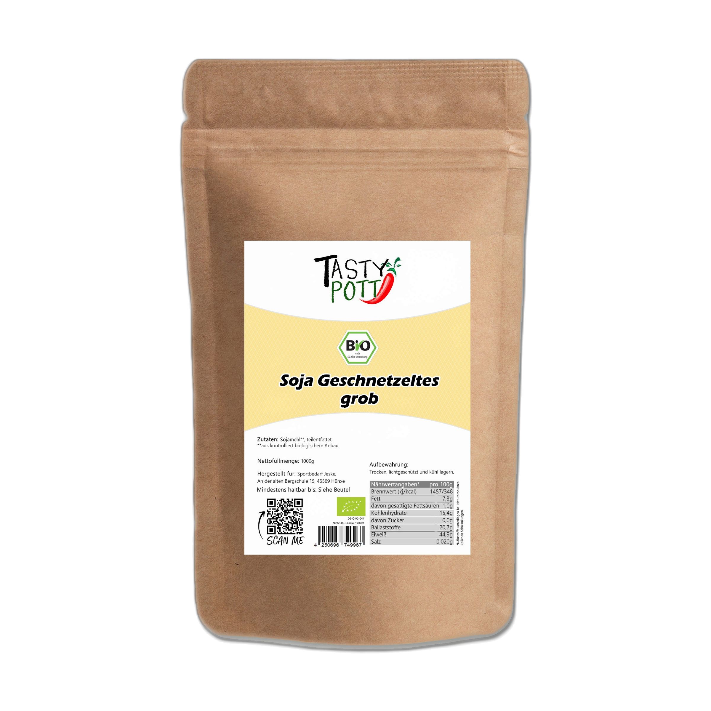 Braune Papiertüte mit "Tasty Pott" Logo und "Soja Geschnetzeltes grob" Aufschrift. Bio-Siegel und Nährwertangaben sichtbar.