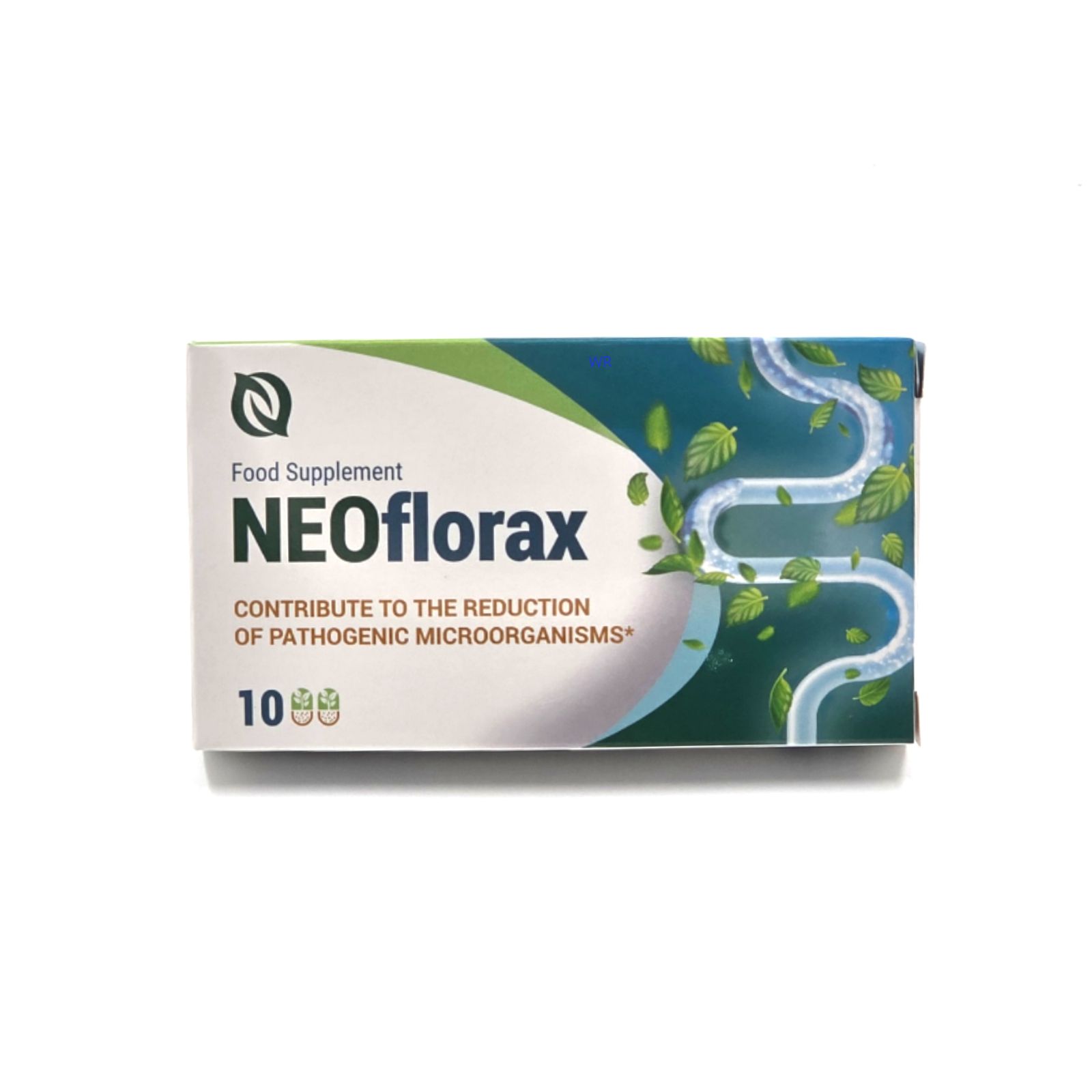 Kartonverpackung mit Produktnamen NEOflorax. Aufschrift: "Food Supplement", "CONTRIBUTE TO THE REDUCTION OF PATHOGENIC MICROORGANISMS". 10 Kapseln.