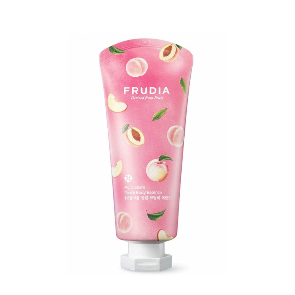 Rosa Tube mit Pfirsich-Dekor. Aufschrift: FRUDIA. Produktname: My Orchard Peach Body Essence. Weißer Schraubverschluss.
