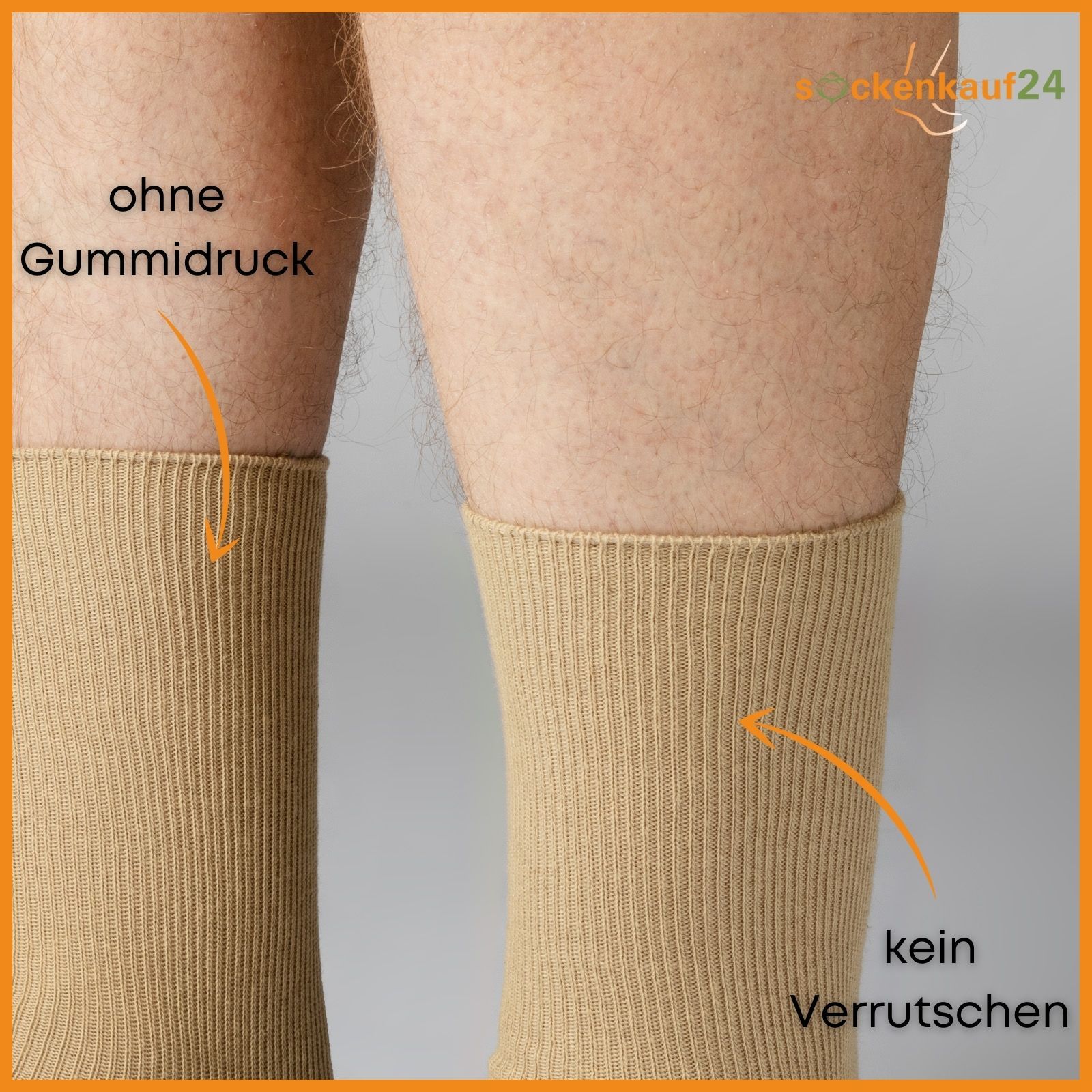 Zwei Beine mit Socken. Rippstrickmuster. Text: ohne Gummidruck, kein Verrutschen.