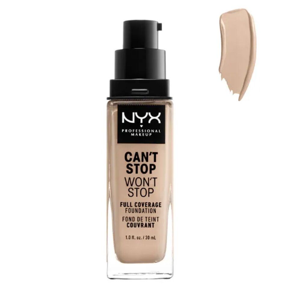 Flasche NYX Can't Stop Won't Stop Foundation mit Pumpspender und Farbprobe.