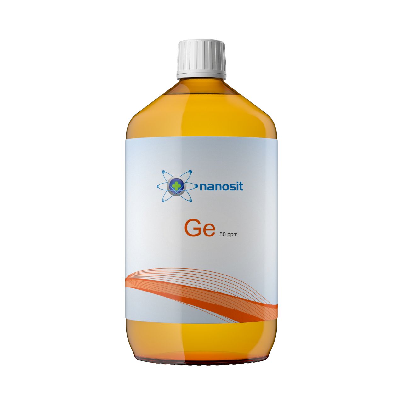 Braune Glasflasche mit weißem Verschluss. Aufkleber mit Logo, Schriftzug "nanosit" und "Ge 50 ppm".