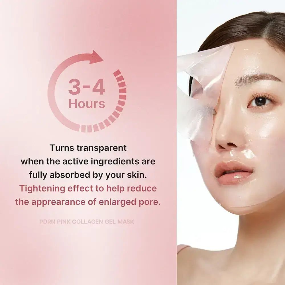 Frau mit Medicube PDRN Pink Collagen Gel Mask auf dem Gesicht, die transparent wird.