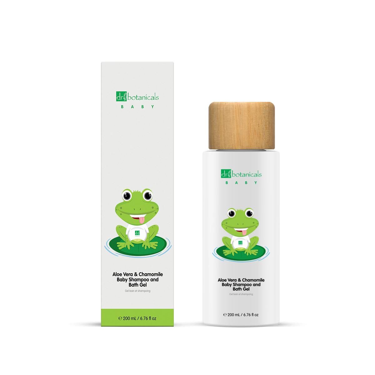 Dr. Botanicals Baby Shampoo und Duschgel mit Froschmotiv und Holzkappe.