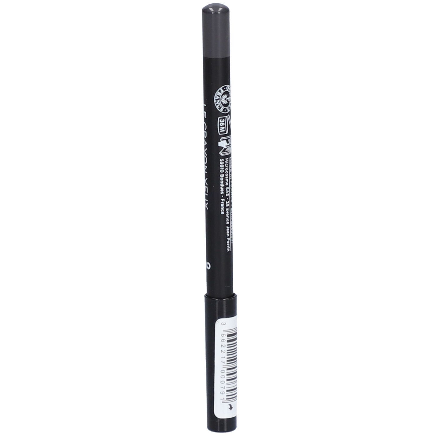 Schwarzer Augenstift mit grauer Spitze. Text: Le crayon yeux, Avril. Zertifiziert Bio.