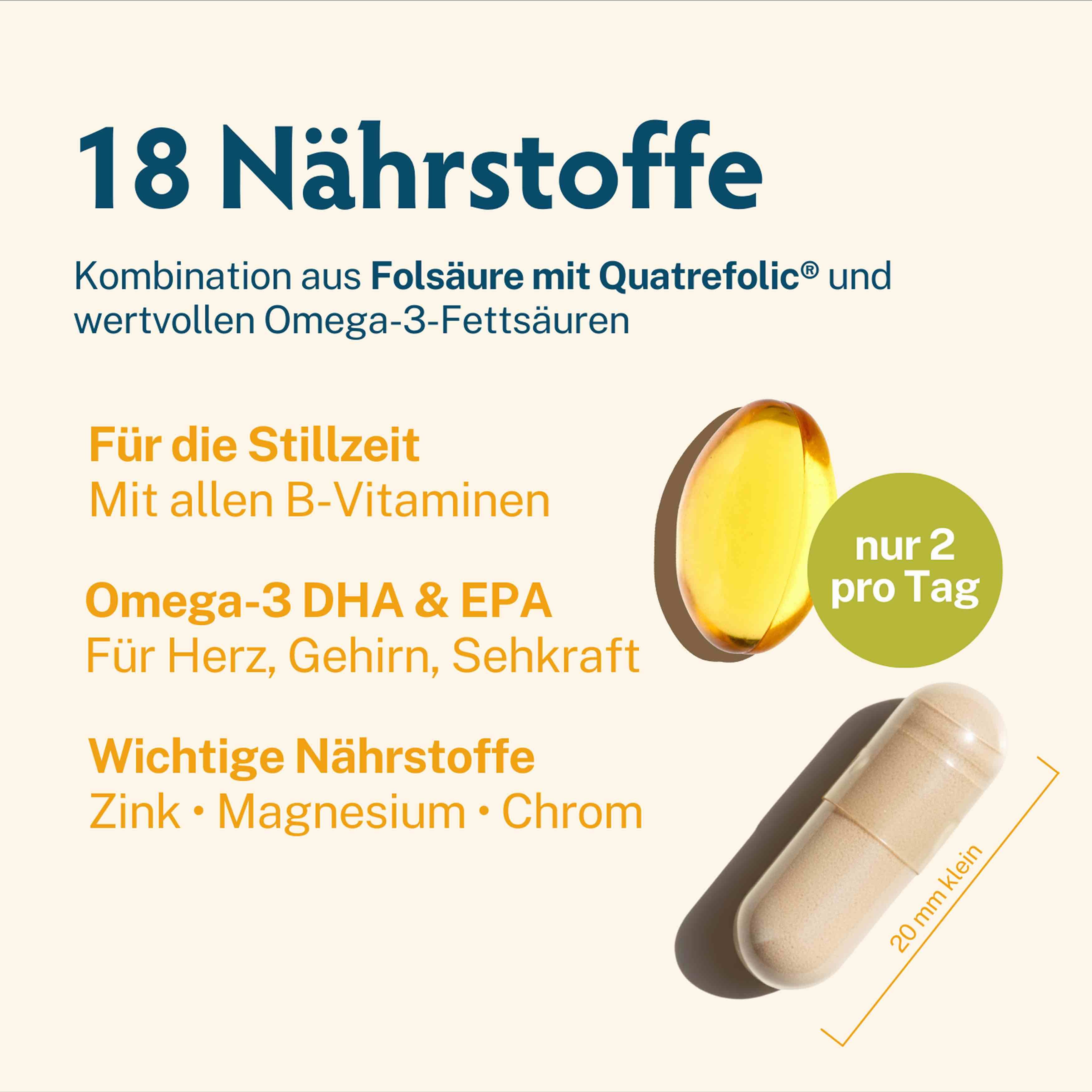 Kapsel und Öl-Kapsel. Text: 18 Nährstoffe, Omega-3 DHA & EPA, Zink, Magnesium, Chrom. Nur 2 pro Tag. Größe: 20 mm.