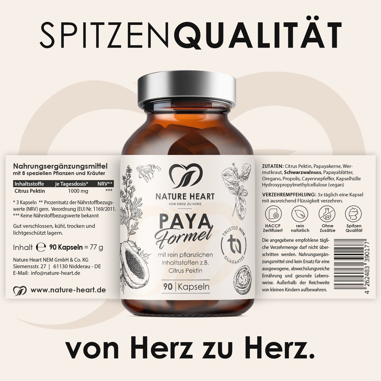 Paya Formel Flasche mit Etikett. Text: Nahrungsergänzungsmittel, 90 Kapseln. Nature Heart Logo.