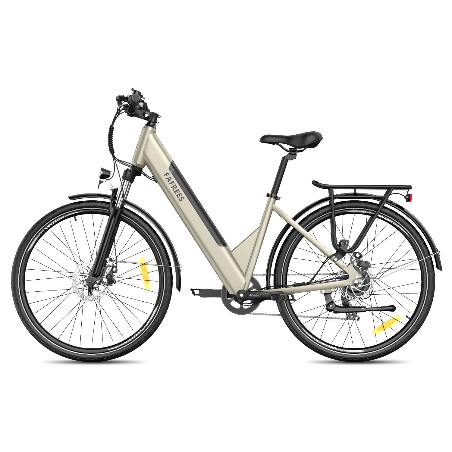 Fafrees F28 Pro E-Bike, beige, schwarze Details. Gepäckträger, Schutzbleche, CST-Reifen. Marke sichtbar.