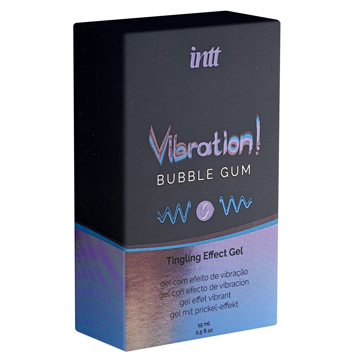 Produkt und Verpackung. Aufschrift INTT Vibration! Bubble Gum. Tingling Effect Gel. Schwarze Schachtel.