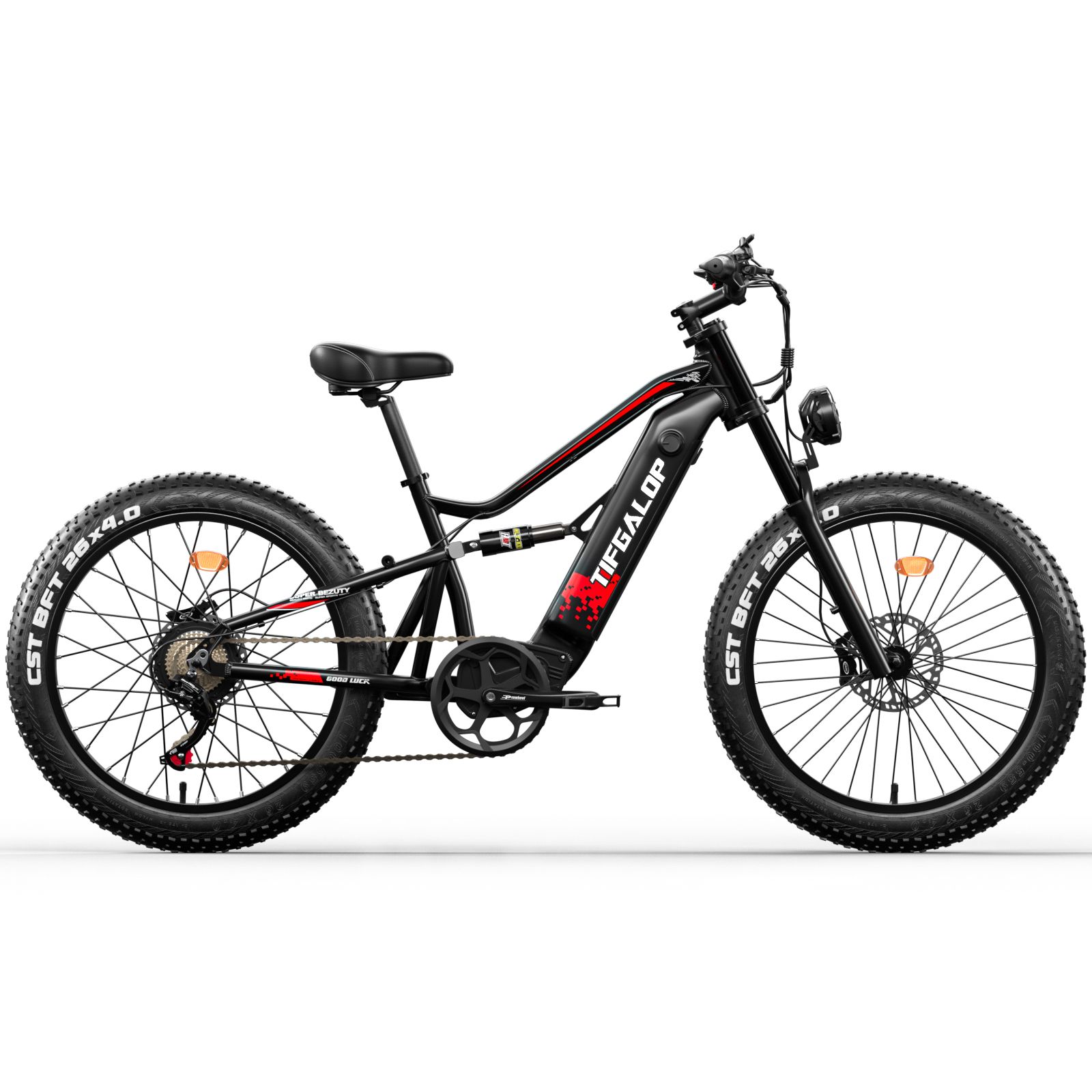 Schwarzes E-Mountainbike mit Gepäckträger. Rote Akzente, dicke Reifen, Scheibenbremsen und TIFGALOP-Logo.