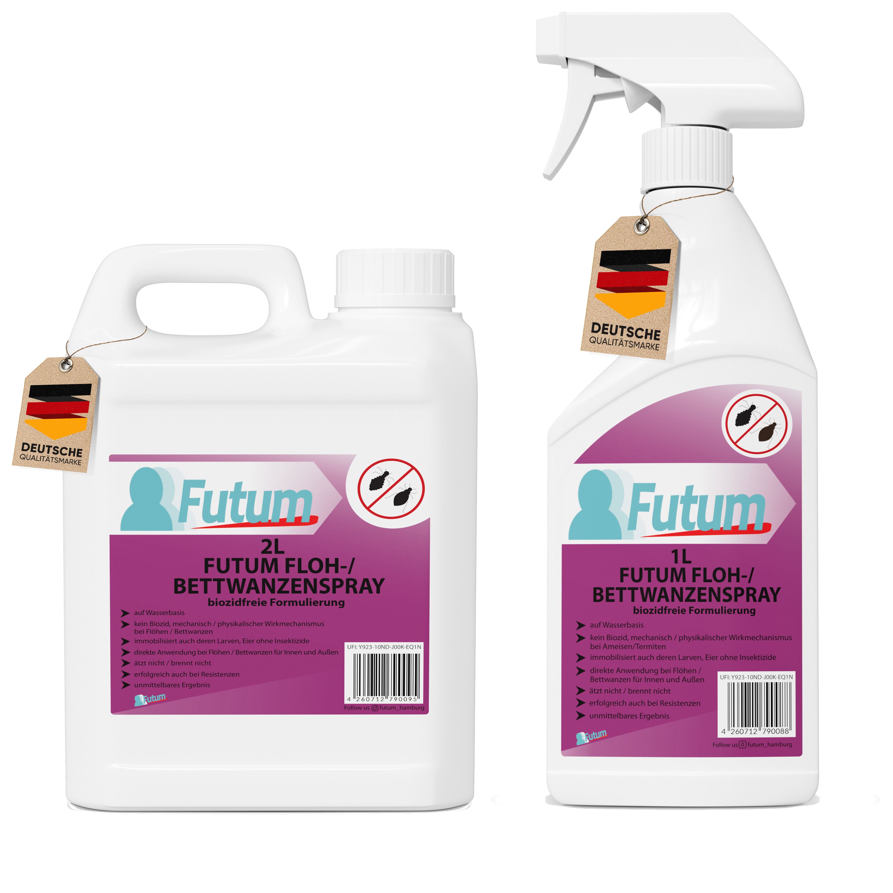 Zwei weiße Flaschen FUTUM Floh-/Bettwanzen-Spray. Eine 2L-Flasche und eine 1L-Sprühflasche mit deutschem Qualitätszeichen.