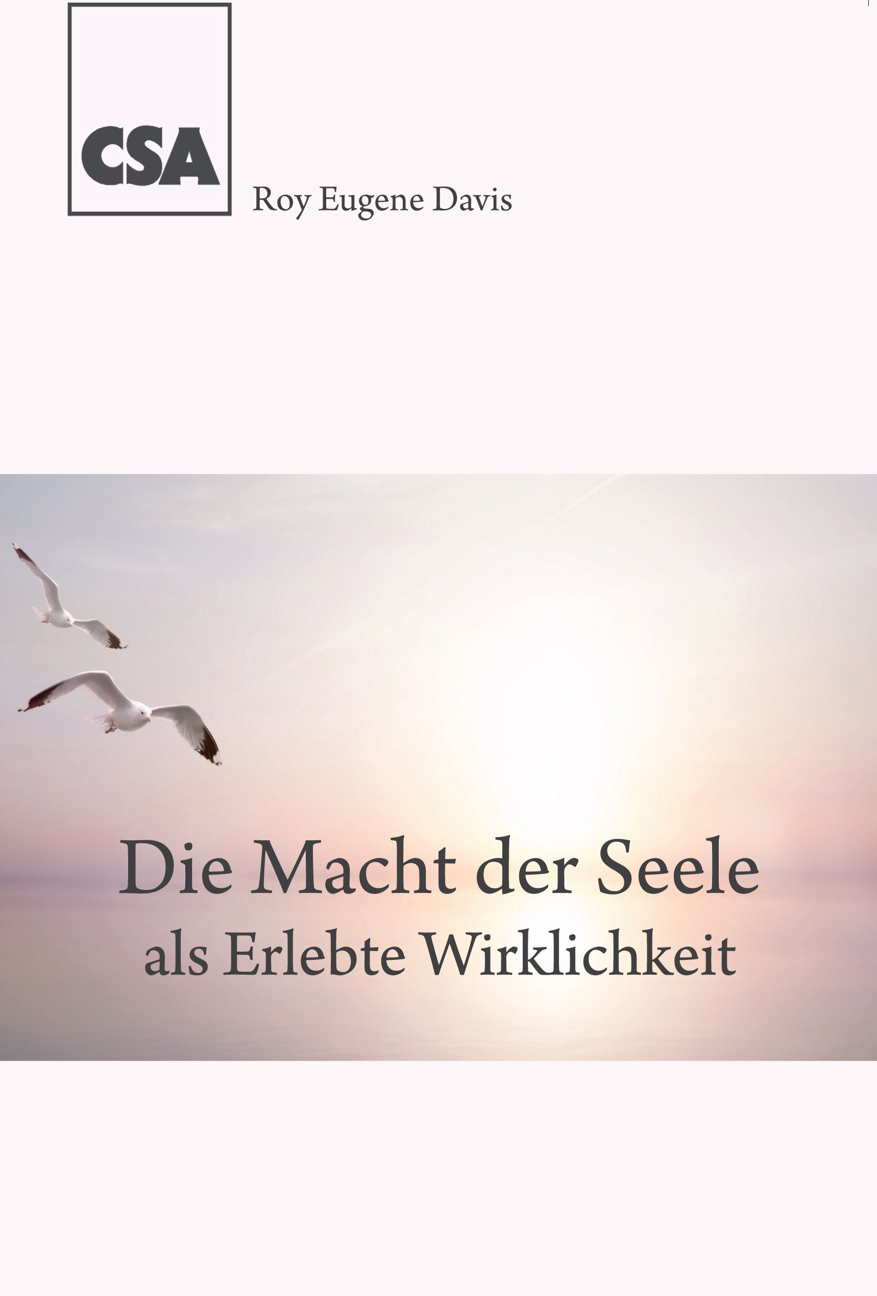 Buchcover mit Titel "Die Macht der Seele". Zwei Möwen fliegen vor Sonnenuntergang. Autor: Roy Eugene Davis. Logo CSA.