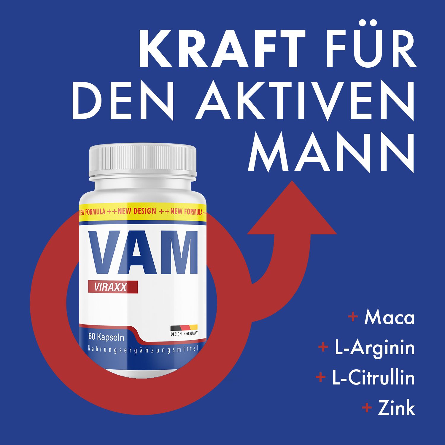 VAM Viraxx Kapseln-Flasche vor blauem Hintergrund. Roter Pfeil und Kreis mit Inhaltsstoffen: Maca, L-Arginin, L-Citrullin, Zink. Text: Kraft für den aktiven Mann.