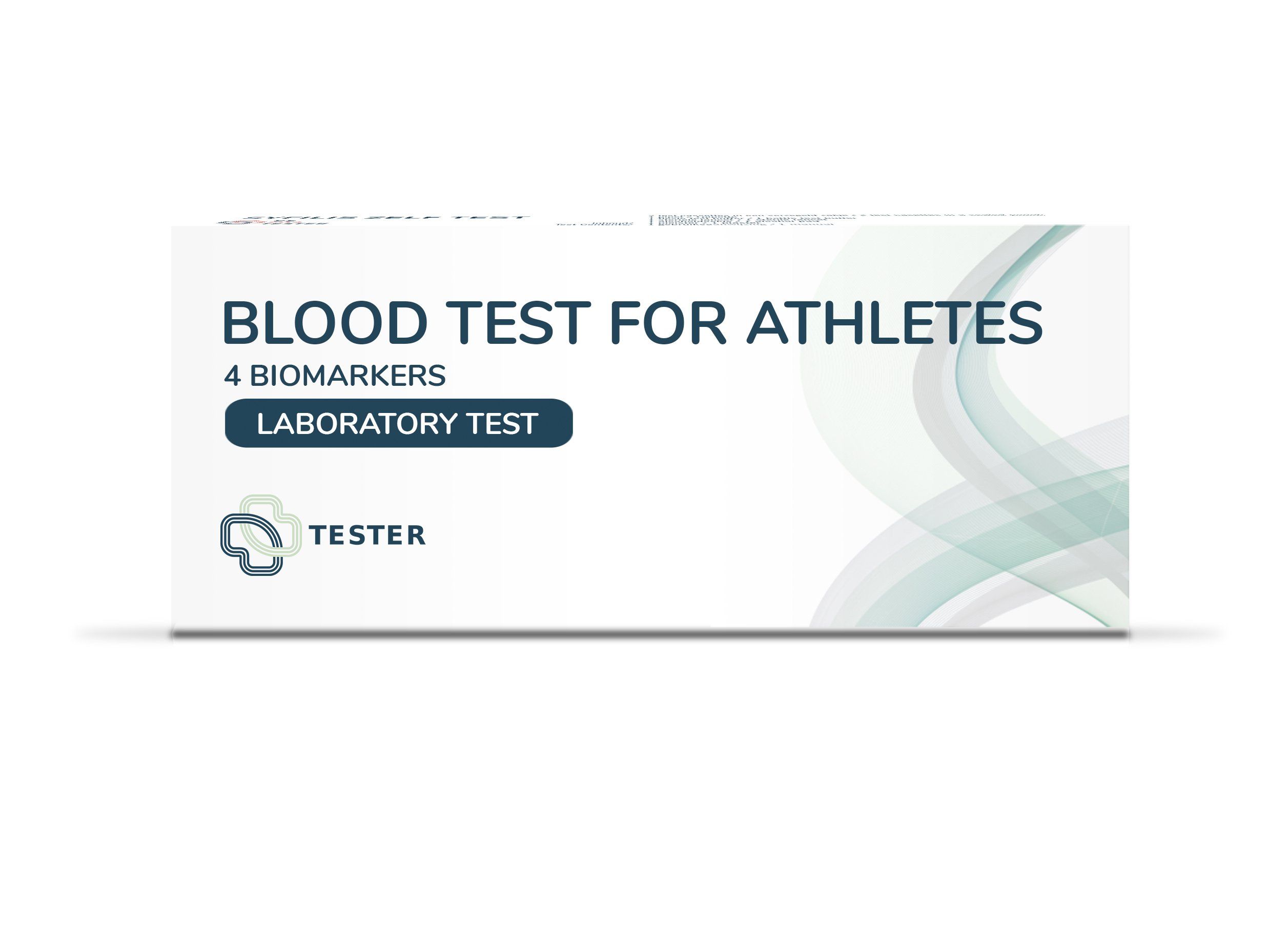 Weißer Karton mit Aufschrift "BLOOD TEST FOR ATHLETES". Enthält 4 Biomarker. Logo und Schriftzug "TESTER".