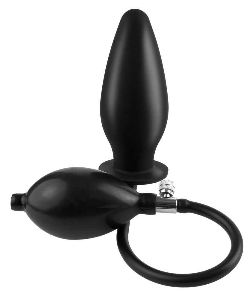 Schwarzer, tropfenförmiger Silikon-Plug und eine schwarze Pumpe mit Schlauch und Ring.