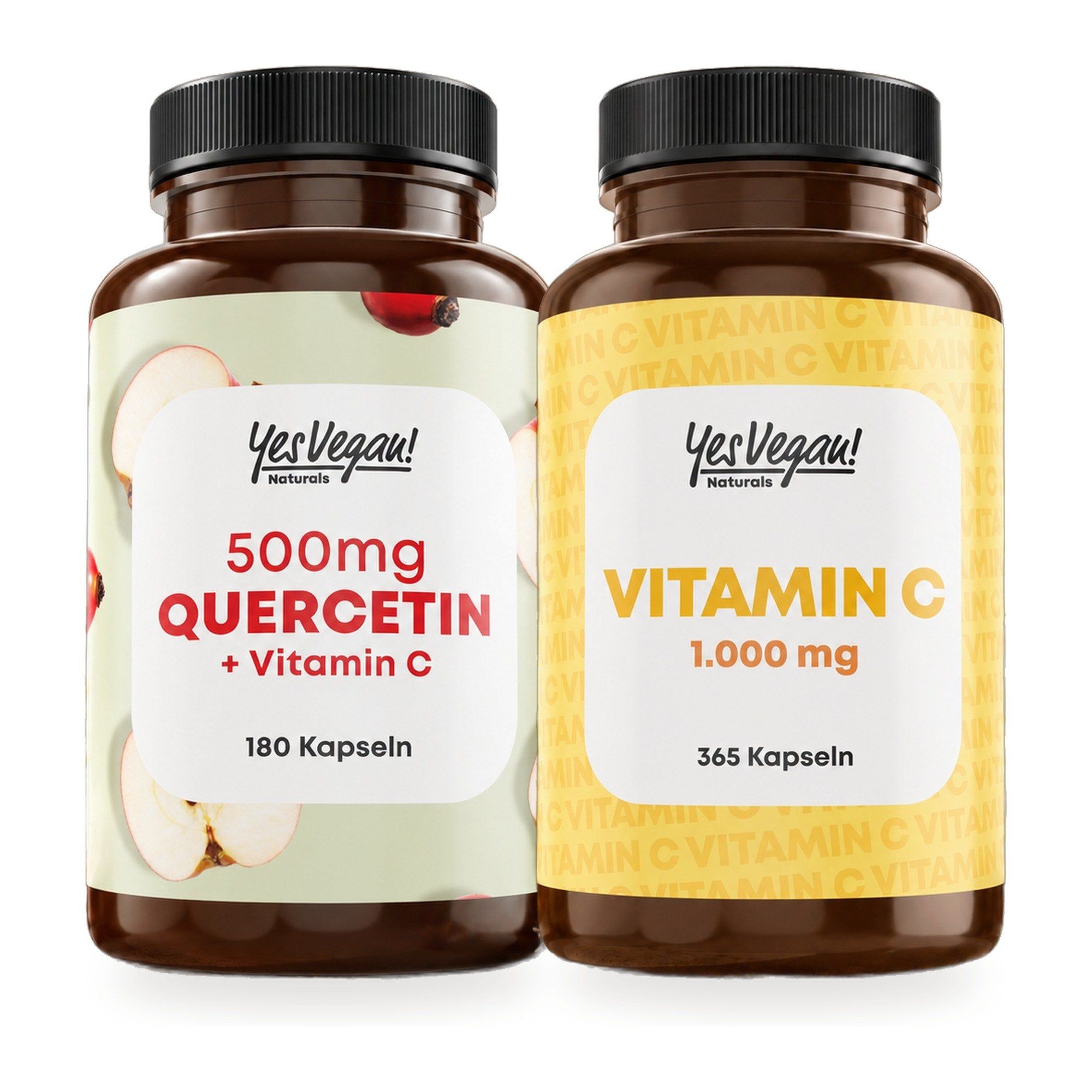 Zwei Flaschen Yes Vegan: Quercetin 500mg + Vitamin C (180 Kapseln) und Vitamin C 1.000mg (365 Kapseln).