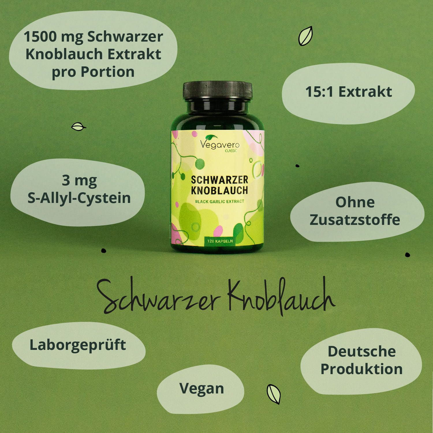 Flasche Schwarzer Knoblauch mit Infografiken. Aufschrift: Schwarzer Knoblauch, 120 Kapseln. Angaben zu Inhaltsstoffen und Qualität.
