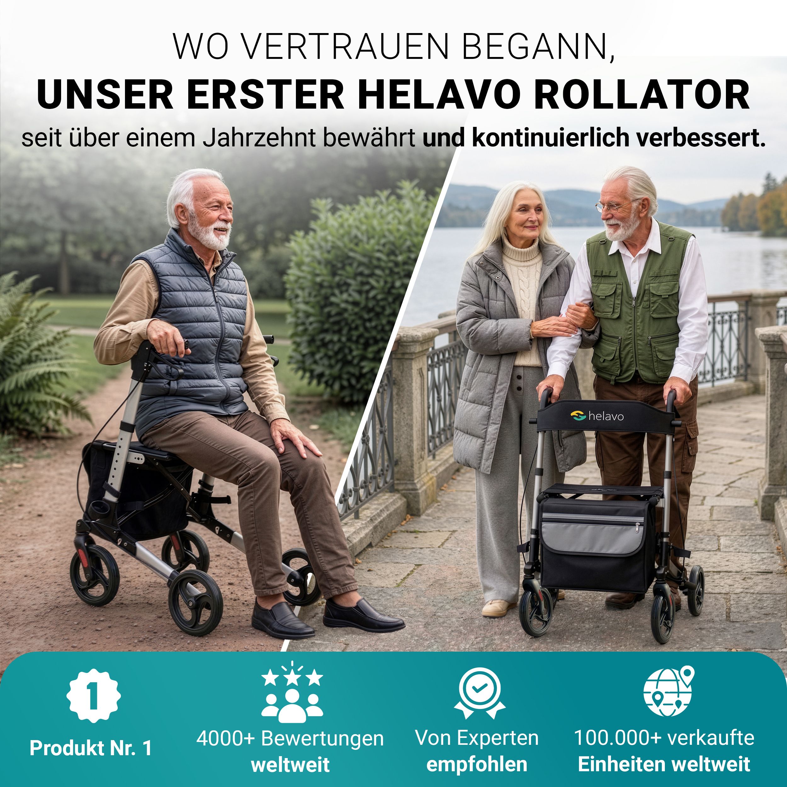 Älteres Paar geht mit Helavo Rollator spazieren; Produkt Nr. 1, 100.000+ Einheiten verkauft.