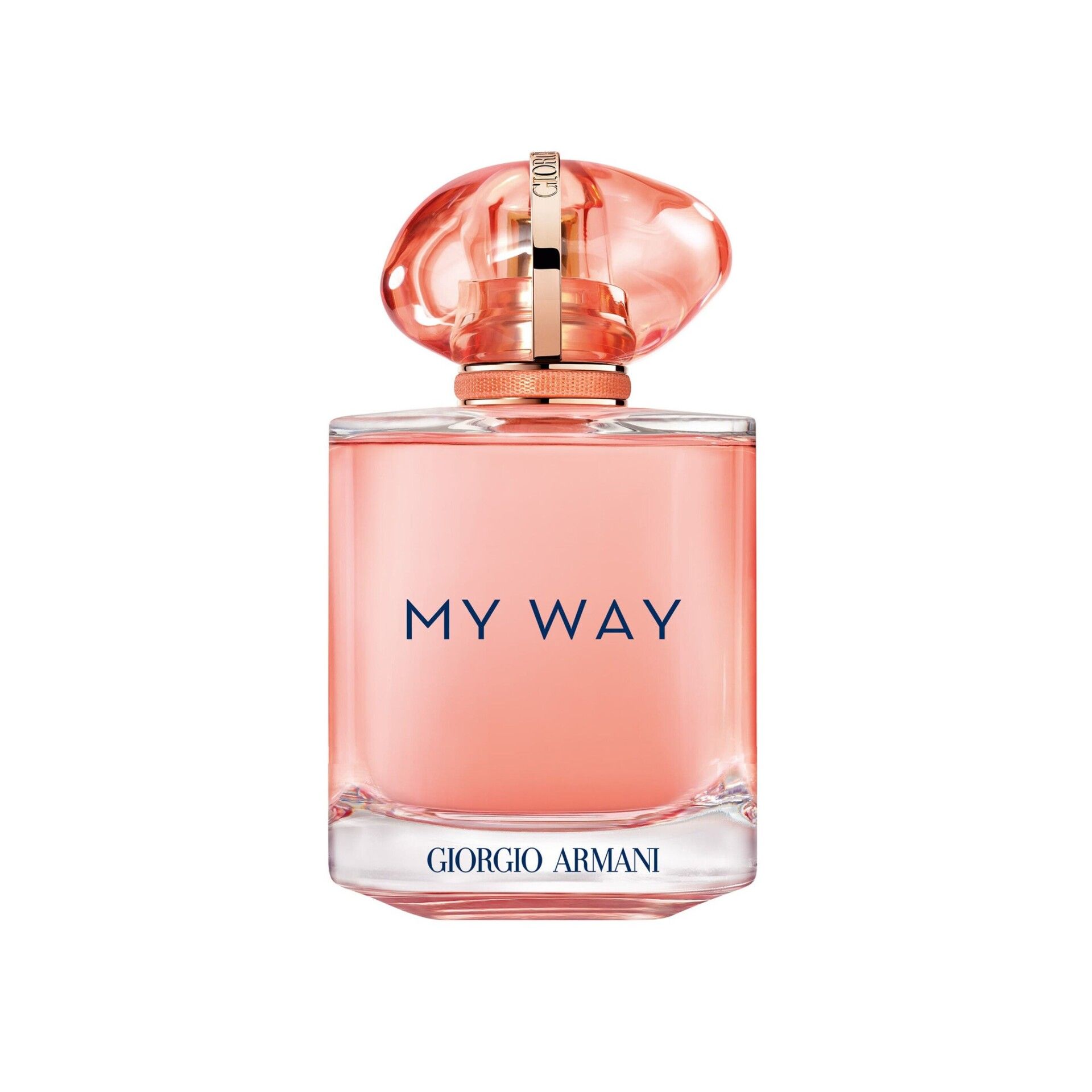 Parfümflakon. Rechteckiger Glasflakon mit rosafarbenem Inhalt. Aufschrift "MY WAY" und "GIORGIO ARMANI". Transparenter Verschluss.