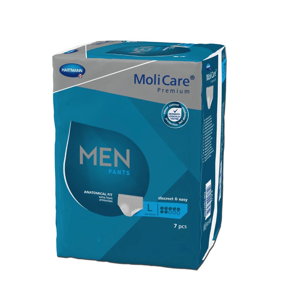 Hartmann MoliCare Premium MEN PANTS, Packung mit 7 Stück. Größe L. Anatomische Passform. Blaue Verpackung mit Produktinformationen.