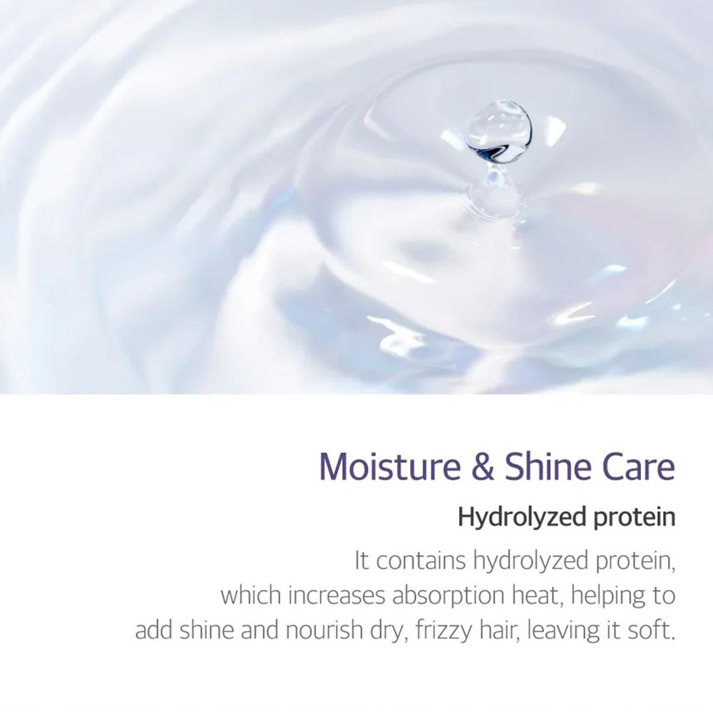 Text über Moisture & Shine Care. Enthält hydrolysiertes Protein, das Glanz verleiht und trockenes, krauses Haar nährt.