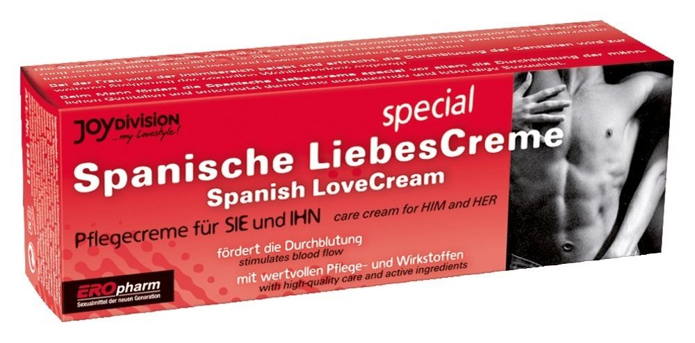 Rote Schachtel mit Produktaufschrift: Spanische Liebescreme spezial. Text und Abbildung eines Mannes.